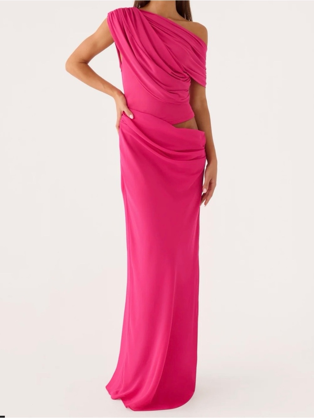 Peppermayo Hot Pink One-Shoulder Draped Gown